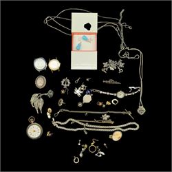 9ct gold chain, silver jewellery including Victorian brooches, earrings, chain, continental 800 standard pocket watch, etc and costume jewellery
