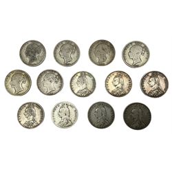 Thirteen Queen Victoria halfcrown coins, dated 1849, two 1874, 1875, 1884, 1886, three 1887, two 1889, 1891 and 1892 (13)