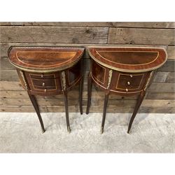 Pair French Louis XVI design demi lune side table, three drawers, on shaped cabriole legs