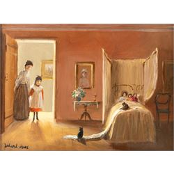 Deborah Jones (British 1921-2012): Bedroom Interior with Mischievous Cats, oil on board si...