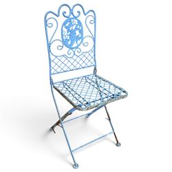 Three-piece French style blue-painted wrought iron garden bistro set, comprising a circular folding table with latticework top and central fruiting grapevine medallion (W71cm H76cm) and matching pair of chairs, with scrolling cresting rail and grapevine motif over folding X-frame base (W40cm H98cm)