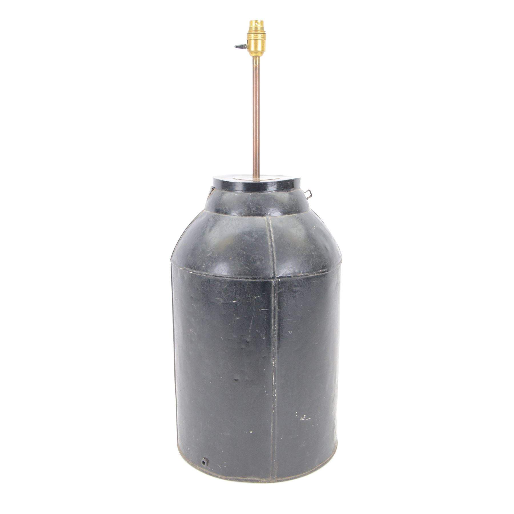 Early 20th century Japanned tole tea cannister lamp, of cylindrical form with tapering top, decorated in gilt with a figure in a garden setting, including fittings H73.5cm