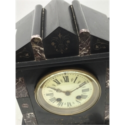  Victorian polished black slate and marble Architectural cased mantel clock with Roman dial, twin train hour striking movement stamped 607, H33cm  