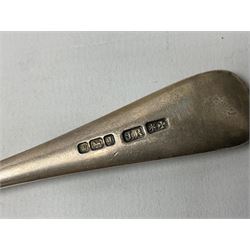 Edwardian silver dessert fork, and silver dessert spoon, hallmarked Sheffield 1905, and 1908, together with a mid 20th century coffee spoon, hallmarked Sheffield 1954, and a silver plated Kings pattern table spoon, approximate total silver weight 108 grams