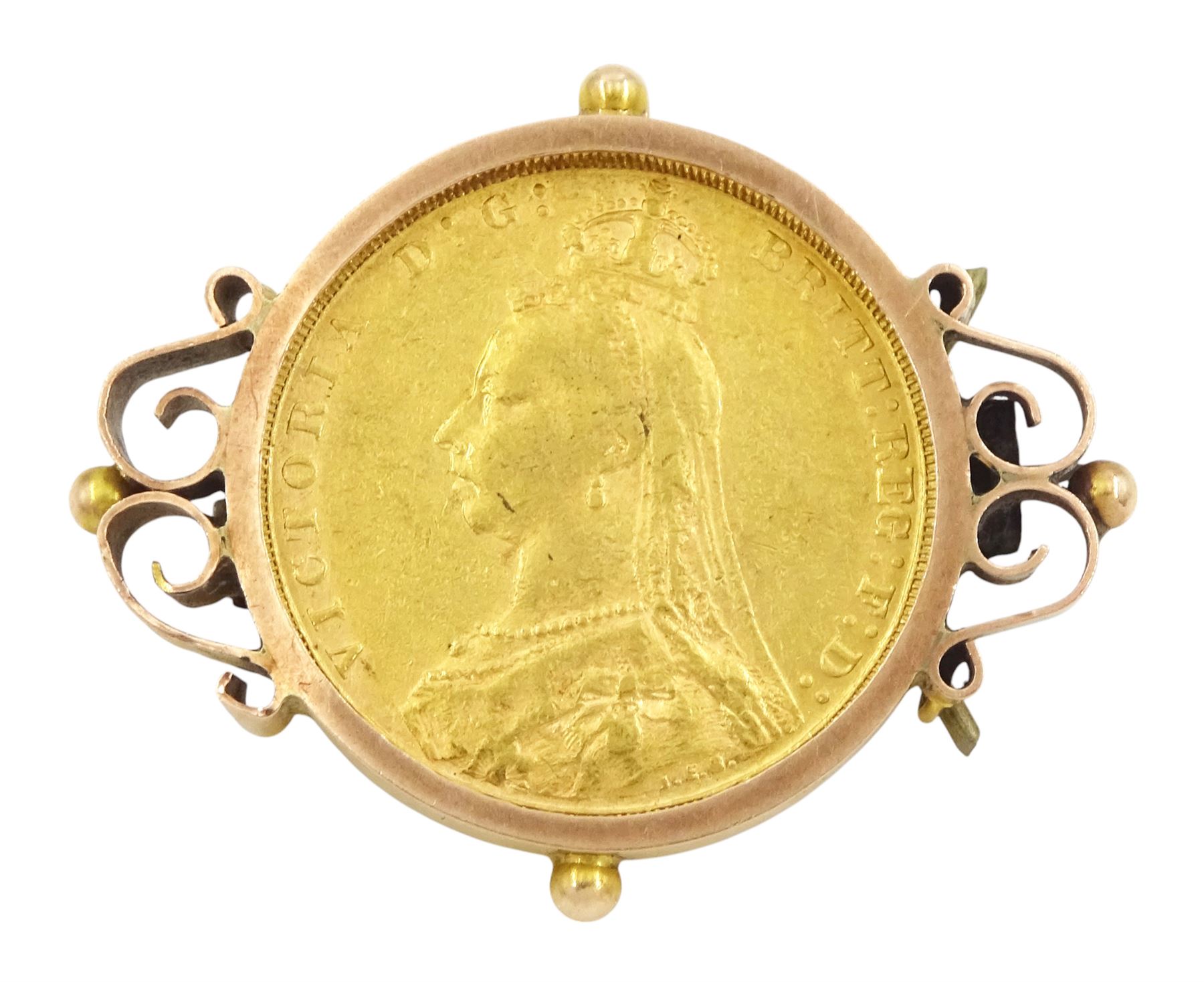 Queen Victoria 1889 gold full sovereign coin, loose mounted in gold brooch, stamped 9ct