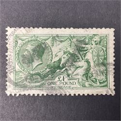 Great Britain King George V one pound green seahorse stamp, used, previously mounted