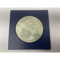 King George V British West Africa 1916 two shillings coin, King George VI Australia 1943 shilling, United States of America 1887 Morgan dollar, Bahrain 1968 500 fils silver coin, Maria Theresa restrike thaler and other coinage 