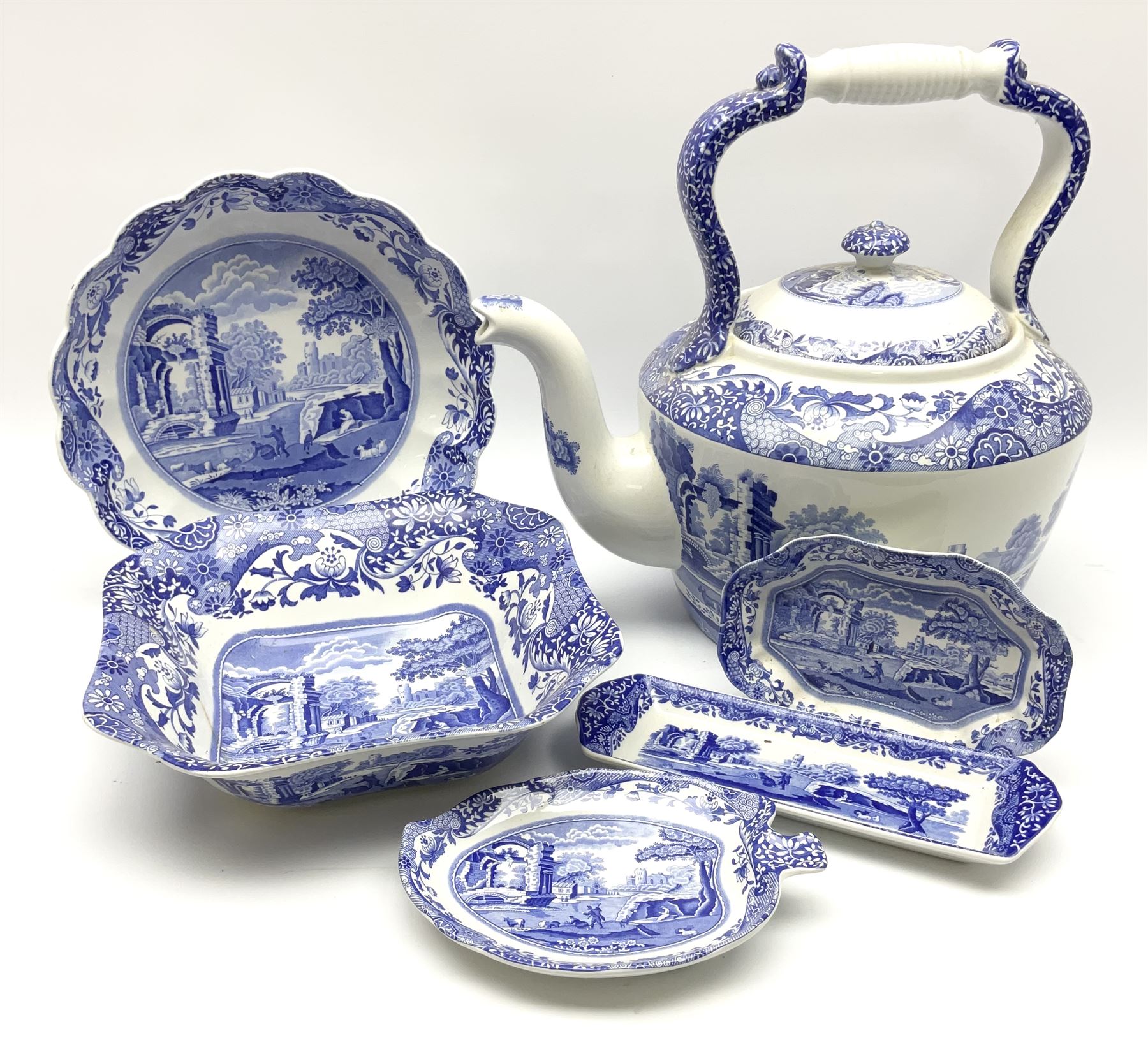 A large Spode blue and white Italian pattern novelty teapot, H33cm, with black printed mark beneath, together with a selection of other Spode blue and white Italian pattern wares. 