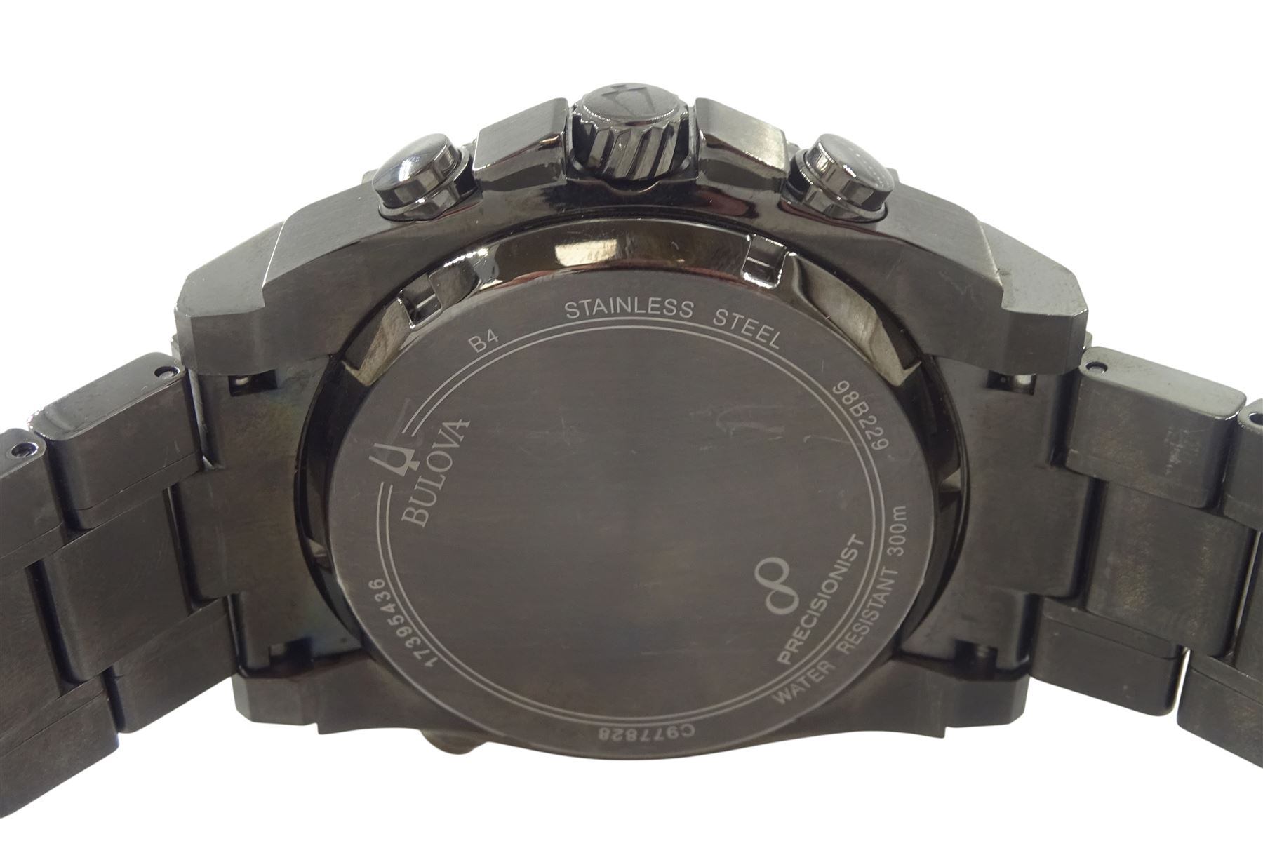 Bulova Precisionist 300 meters gentleman's stainless steel chronograph quartz wristwatch, Ref. 98B229, on original stainless steel strap with fold-over clasp