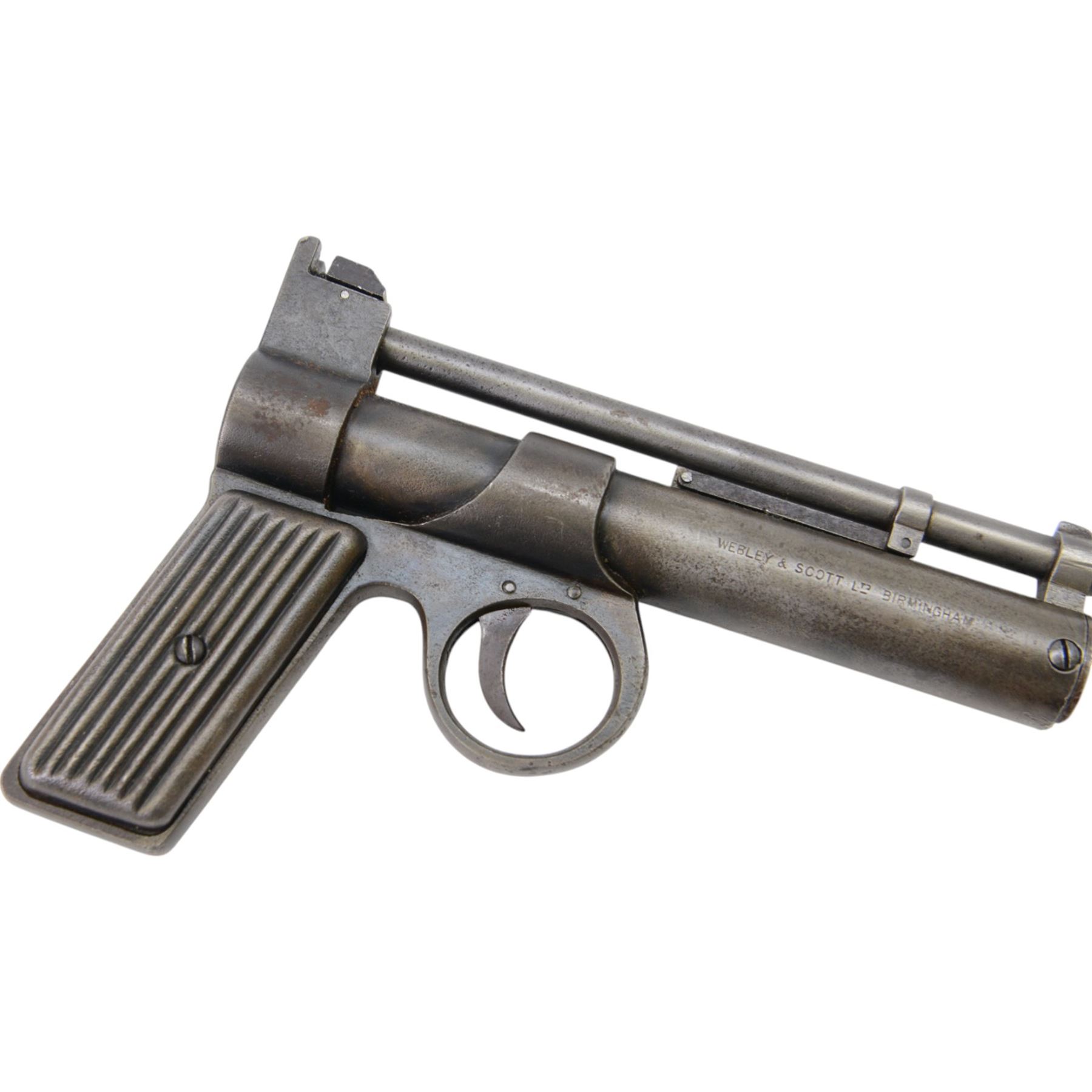 Webley Junior .177 air pistol, 1930-1939 batch 789, serial number J14788, the air chamber marked The Webley 'Junior .177 Patented in Great Britain No 219872 and all Principle Countries', 'Made in England' and Webley & Scott Ltd. Birmingham, with ribbed metal grips, H13cm, L19cm