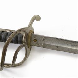 British Artillery Officer's sword by J. Daniels & Co, Artillery Place Woolwich, the 88cm steel blade engraved Durham R.G.A (H.E), wirebound fishskin grip, chequered backstrap and stepped domed pommel, in brown leather scabbard, overall L104cm