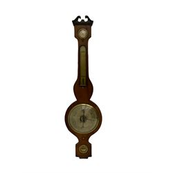 A 19th century four instrument mercury wheel barometer in a mahogany case with a swans neck pediment, 8” silvered register within a cast brass bezel and convex glass, recording atmospheric air pressure from 28 to 31 inches with weather predictions, brass recording hand and a steel indicating hand, spirit thermometer measuring temperature in degrees Fahrenheit within a round topped long box, circular hygrometer and spirit bubble.