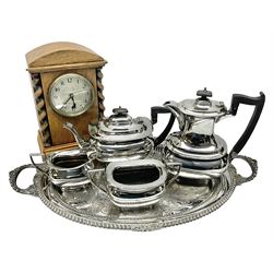  Walker and Hall silver plated tea set, comprising coffee pot, teapot, milk jug and sucrier, together with silver plated tray and a wooden clock with barley twist decoration, clock H28cm