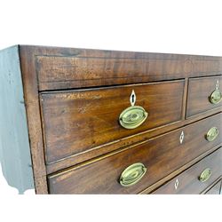 Regency mahogany straight-front chest, inlaid frieze, fitted with two short over three long graduating drawers, each with cock-beaded facias and bone escutcheons