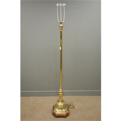 Brass standard lamp, faceted column, square wooden base with canted corners, H145cm  