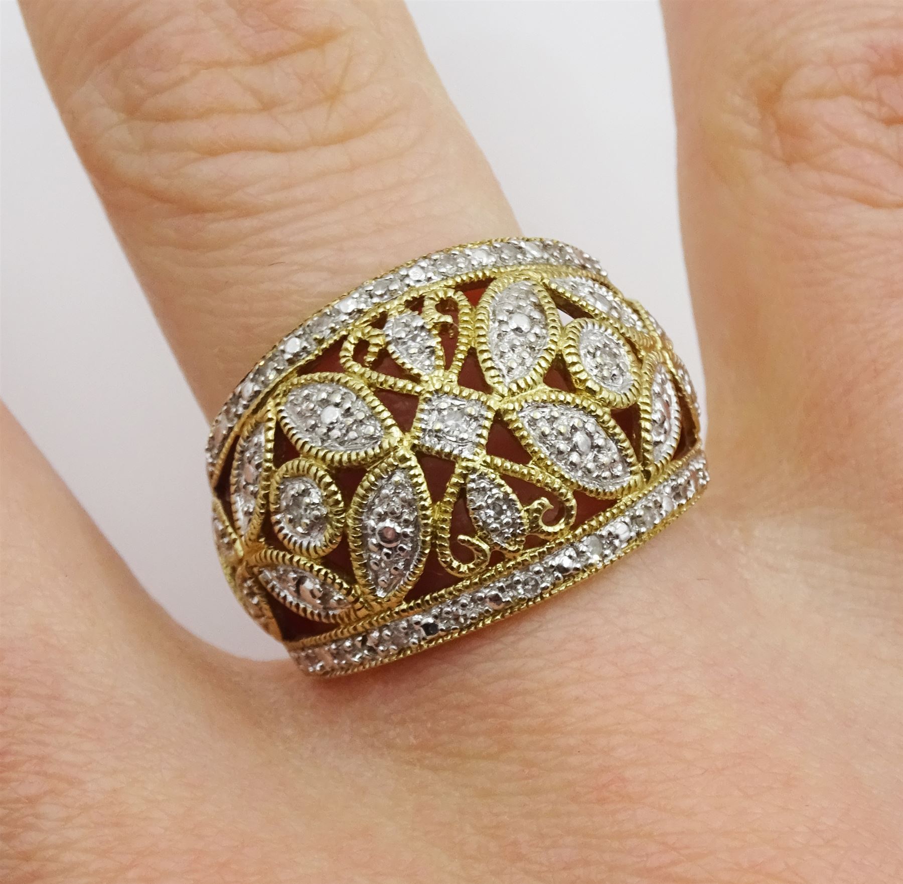9ct white and yellow gold diamond chip, pierced openwork design ring, hallmarked