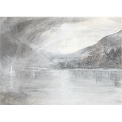 Daniel Cooper (British 1985-): Coniston Water from Brantwood - 'A Dance in the Veiled Mirror', charcoal and pastel signed, titled signed and dated 2013 verso 27cm x 37cm 
Notes: Cooper was 'Artist in Residence' at Ruskin's Brantwood home