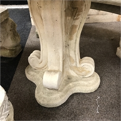  Composite stone garden table and bench suite - comprising circular table on quadruple S-scroll column (D114cm, H79cm) and three curved benches on mythical winged lions (W145cm, H43cm)  