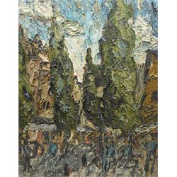 Barry De More (Yorkshire 1948-2023): 'The Poplars Halifax', oil and impasto on board signed and titled verso 76cm x 61cm
Notes: Acclaimed as one of the North's greatest expressionist artists, Barry De More (1948-2023) used a heavy impasto style to transfer his love of Yorkshire landscapes, townscapes and people to canvas. His work sits comfortably in the company of work by Kossoff and Auerbach, selling to collectors in the UK and overseas. De More's work can be found in the permanent collection of work by Northern Artists at Dean Clough, one of the UK's largest contemporary art galleries.