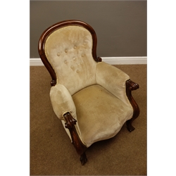  Victorian rosewood armchair, scrolled arm terminals, serpentine seat  
