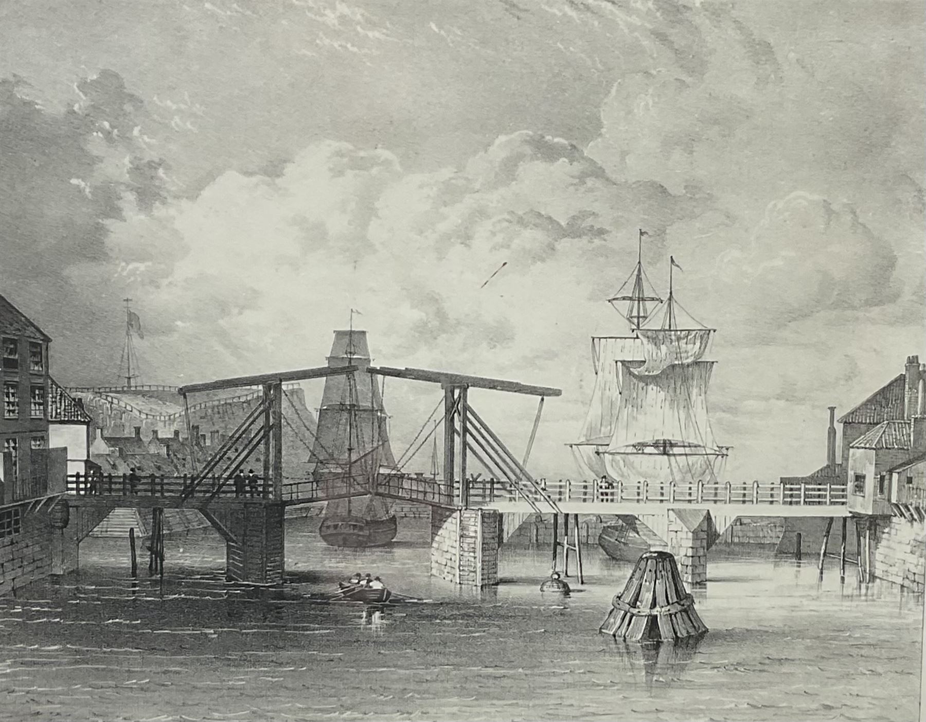 F H Abraham (British 19th century) after Francis Pickernell (British early 19th century): 'The New Swivel Bridge over the Esk at Whitby' and 'The Whitby Old Draw-Bridge', pair engravings pub. c1835, 23cm x 27cm (2)