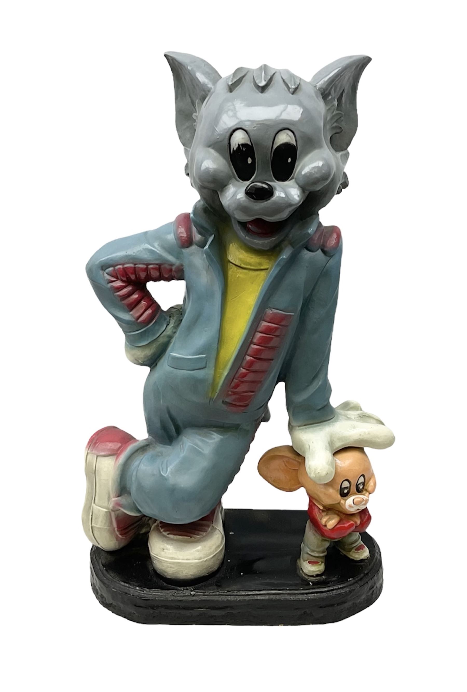 Fibreglass promotional/advertising group of Tom & Jerry, Tom standing wearing a blue track suit with his left hand resting on Jerry's head H63cm
