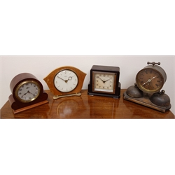  19th century drop-dial rosewood wall clock, H71cm, Bakelite cased Enfield mantel clock, H14cm, Mahogany cased mantel timepiece, H14cm, German brass alarm clock, H20cm and a Bentima 8-day mantel clock, H16cm, all with faults (5)  