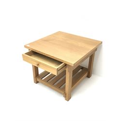 Light oak square coffee table, one drawer, joined with undertier, stile supports