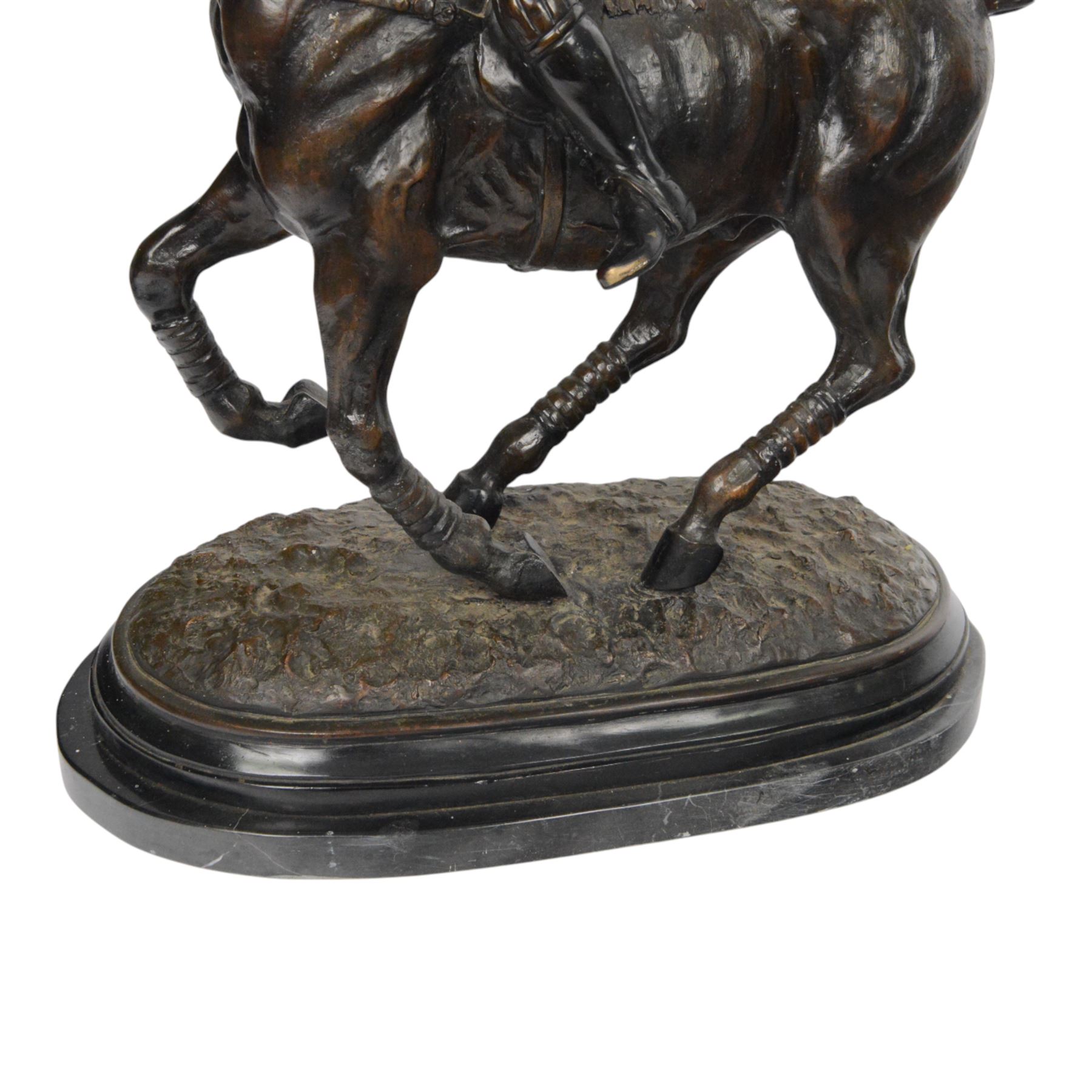 20th century spelter figure of a mounted polo player, upon a marble base, H60cm