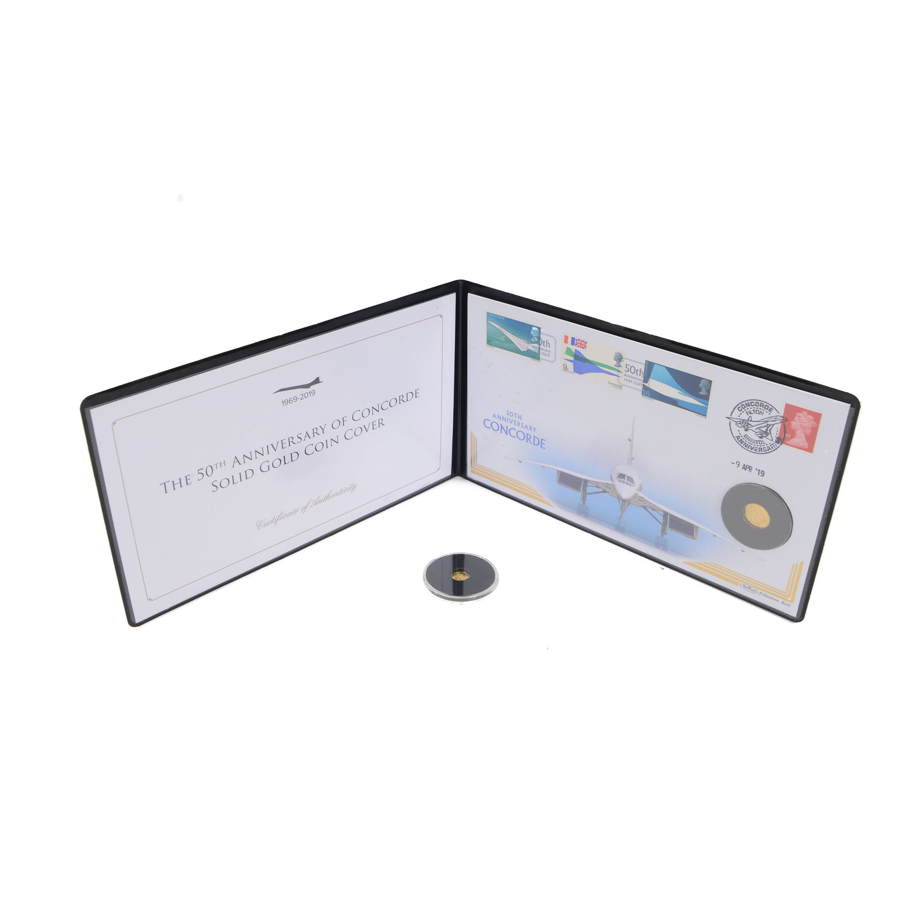 Queen Elizabeth II Solomon Islands 2020 'VE Day' gold proof ten dollar coin, encapsulated with certificate, and Queen Elizabeth II Alderney 2019 ‘50th Anniversary Concorde’ 9ct gold one pound coin cover, cased in Jubilee Mint folder with certificate