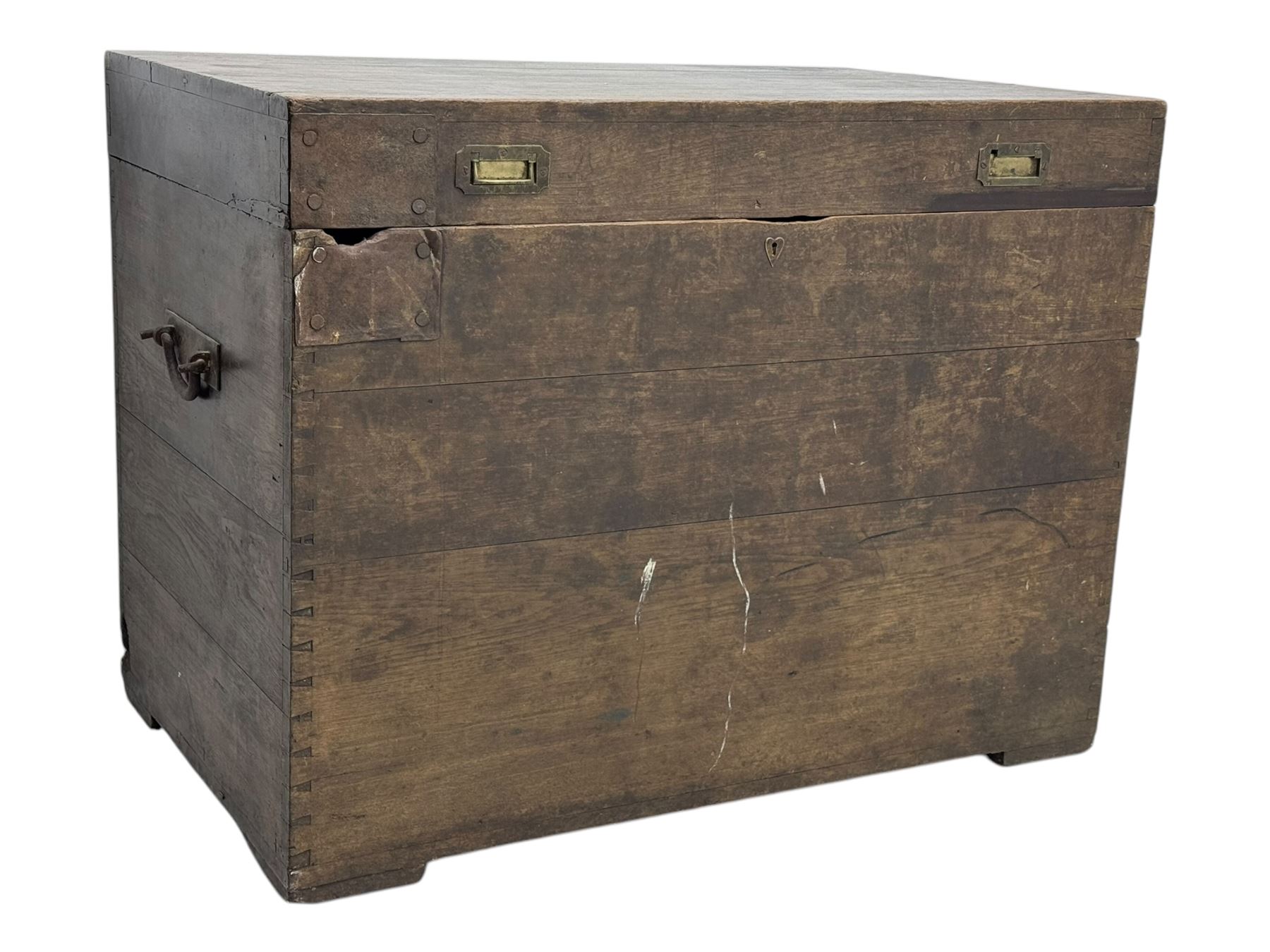 Early 20th century oak blanket chest, of rectangular form with iron strap hinges and surface-mounted drop handles, the interior fitted with iron lid stays, on bracket feet