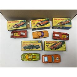 Matchbox Superfast track racing Set with Superbooster and two boxed SF-17 Slipstream Curves; together with five boxed Superfast models - 3d Monteverdi Hai, two 7d Hairy Hustler, 45c Ford Group 6 and 66d Mazda RX500; and quantity of unboxed and playworn other die-cast models