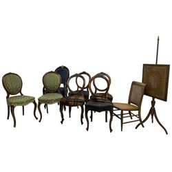 Set of four Victorian walnut balloon back dining chairs; pair of Victorian walnut dining chairs; Victorian design open armchair; Victorian beech framed and cane nursing chair; early 19th century mahogany pole screen with square needlework panel (9)