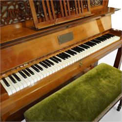 Claud Bechstein- German model IV overstrung upright piano in a mahogany Arts & Crafts designed case by Walter Cave, Serial number 56589 (1900-01), with a lattice music desk and silk backed open fretwork, square key fall with makers name and crafted brass hinges, two candle sconces on tapered square supports, makers name and model number cast into the frame, with an underdamper action, una-corda and sustain pedals, recently re-strung with new tuning pins, responsive action and damping, in very good playing condition, with 85 ivory and ebony keys A0-A7, tuning A=440. Including a period duet stool with a velvet-padded top.
Walter Cave was a leading architect, interior designer, and furniture maker during the Arts & Crafts period, a similar piano to this was owned and played by George Bernard Shaw and is on exhibition at the National Trust property, Shaw's Corner (Hertfordshire).

This item has been registered for sale under section 10 of the APHA Ivory Act, Reference 8P3C9UKA
