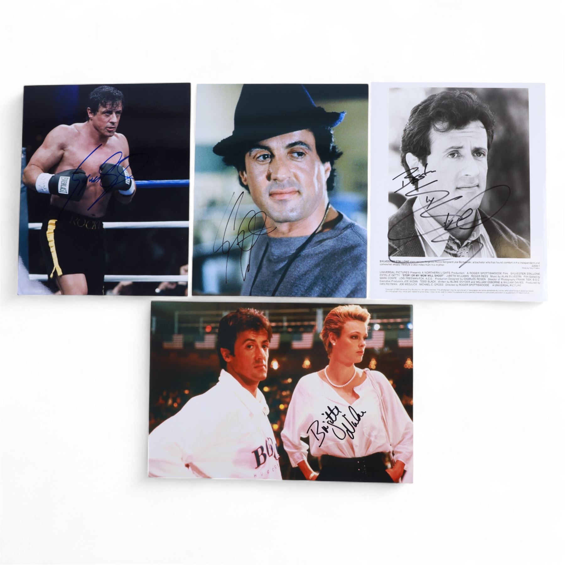 Four Sylvester Stallone film stills and promotional shots, including one depicting Rocky Balboa in the ring, three signed by Sylvester Stallone and one signed by Brigette Nielsen, all with certificates of authenticity