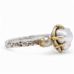 Silver and 9ct gold pearl and diamond ring by Susi Hines, single Keshi pearl set with a single round brilliant cut diamond and two rose cut diamonds, to a bark textured shank, London 2020