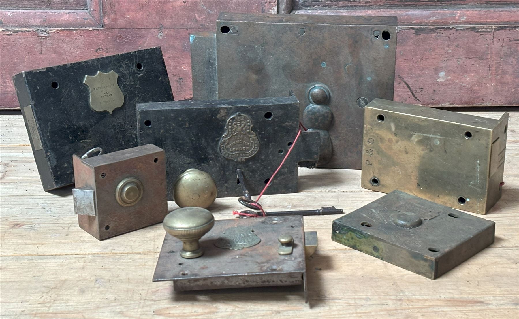 Collection of 19th century named door locks, mostly with keys, including Chubb, Hobbs& Co. Union Des Quincailliers, Nettlefolds a1 patent, and one stamped P & O. (7)  - COLLECTION BY APPOINTMENT FROM: The White House, Thirsk Road, Easingwold, York, YO61 3NF - CALL 01723 507111 TO ARRANGE