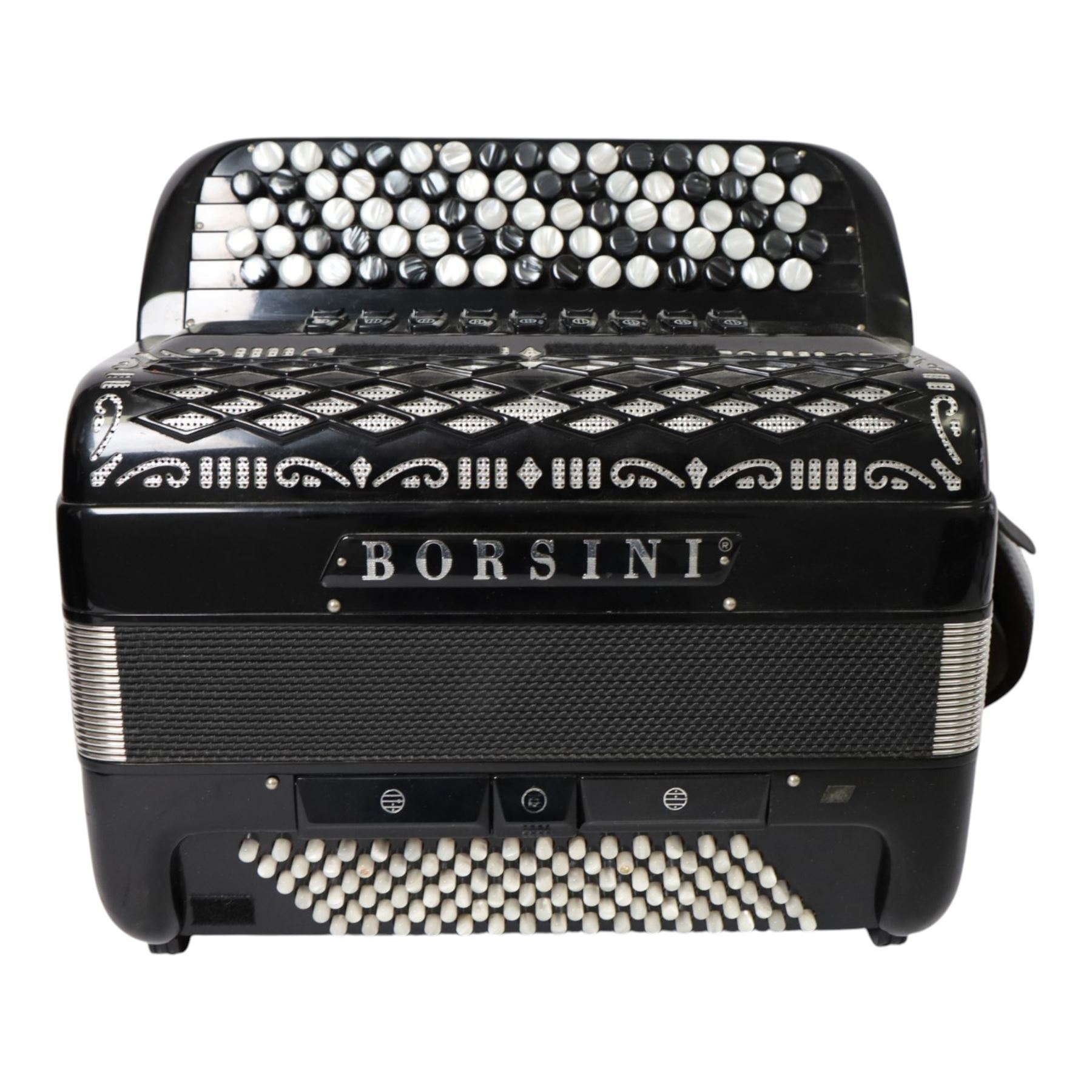 Borsini  5-row Chromatic button accordion, with 77-black and white pearlescent buttons and 96 bass buttons, in black high gloss case, with carry strap and original hard carrycase