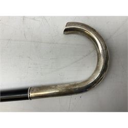Continental silver handled walking cane, unmarked but testing around 800 standard, with engraved monogram to terminal, upon an ebonised cane, approximately H91.5cm
