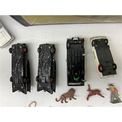 Unboxed and playworn die-cast models of TV/Film interest by Corgi including Green Hornets Black Beauty, two Batmobiles, James Bond Aston Martin DB5, Saints Volvo P1800 etc; two Matchbox 1-75 Series Collector's Cases including various playworn models; and quantity of playworn lead and plastic figures by Britains etc