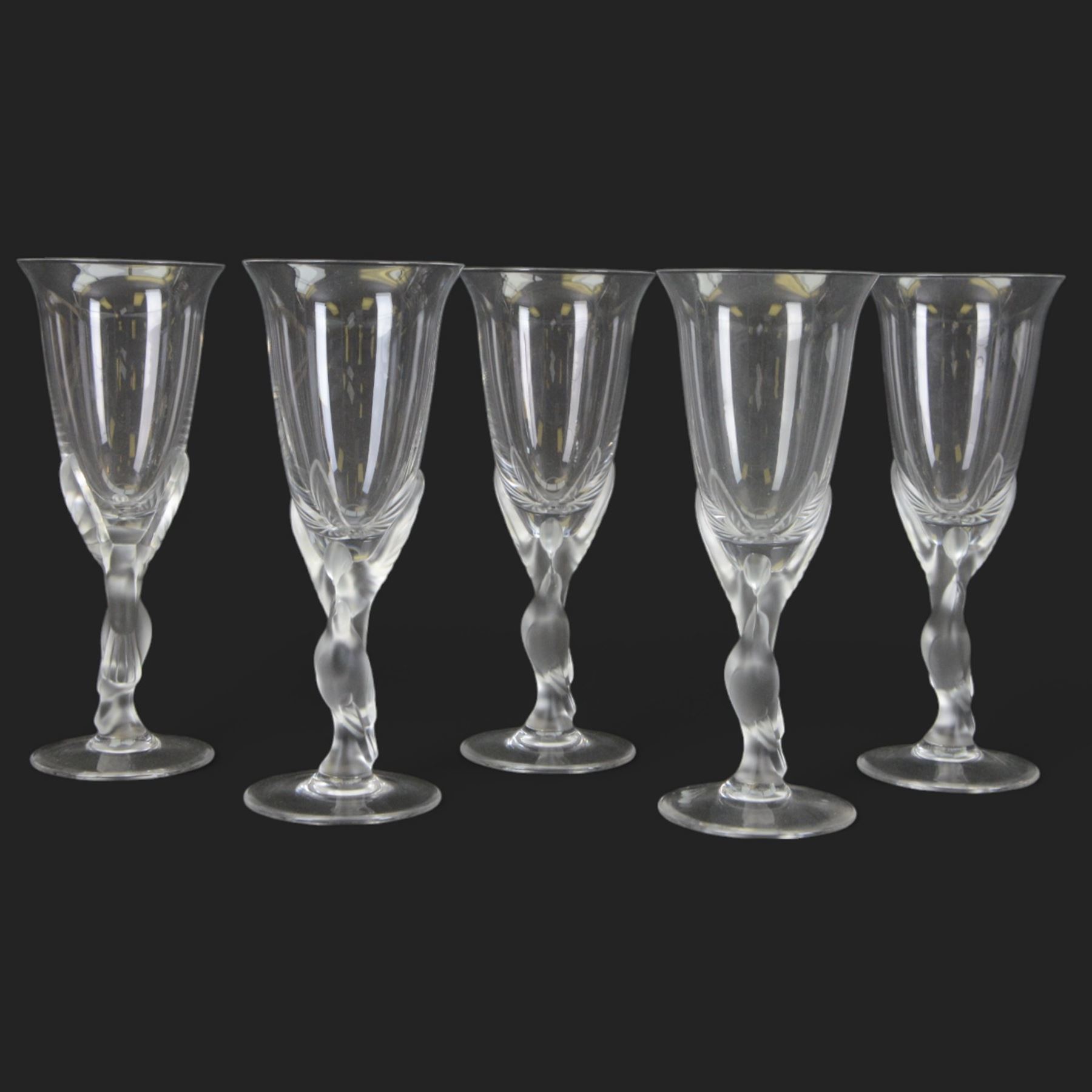 Set of five Carl Faberge Kissing Doves champagne flutes, H21cm