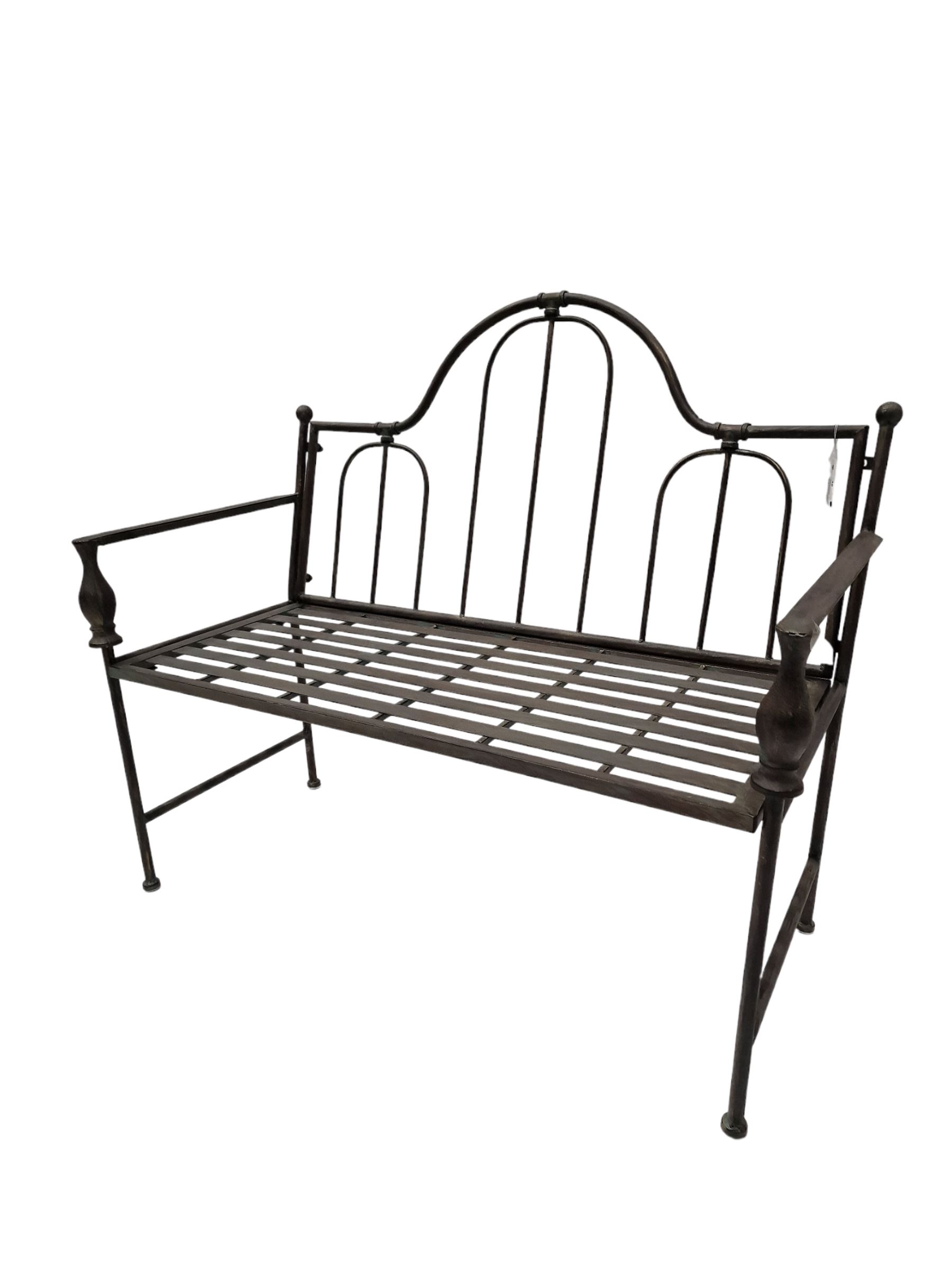Wrought metal central arch shaped back garden bench in dark metallic finish - THIS LOT IS TO BE COLLECTED BY APPOINTMENT FROM DUGGLEBY STORAGE, GREAT HILL, EASTFIELD, SCARBOROUGH, YO11 3TX