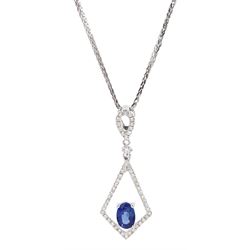 18ct white gold oval sapphire and diamond kite shaped pendant, on 9ct white gold adjustable chain necklace, both hallmarked