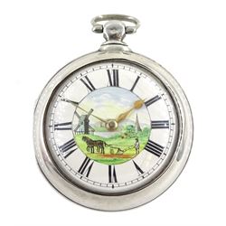Victorian silver pair cased verge fusee pocket watch by J W Adcock, East Dereham, No. 98132, round pillars,  pierced and engraved balance cock decorated with a mask, enamel polychrome dial depicting a ploughing scene, Roman and Arabic numerals, case by Henry William Griffin, London 1864