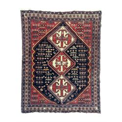 Persian Heriz wool rug, red and ivory field with floral medallion, geometric spandrels, and floral border (157cm x 107cm); Kurdish Shairwan wool rug, red and navy field with three medallions, geometric crosses and serrated border (200cm x 155cm); Persian Qashqai wool rug, golden-yellow field with boteh motifs and wide floral border (127cm x 82cm)