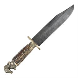 Fred W James Sheffield bowie knife, the 24cm blade engraved 'The United States the Land of the Free and the Home of the Brave..', stag handle, pommel in the form of a horse's head, with leather sheath, L42cm
The pommel motif is a classic bowie fitting, the book Tweedale, G: The Sheffield Knife book has an illustrated example on p87