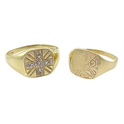 Gold diamond set Union Jack signet ring and a gold signet ring, both 9ct