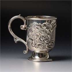 Edwardian silver christening mug with engraved decoration H8cm Birmingham 1902 and two others 1900 and 1902
