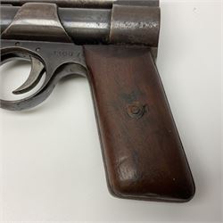 Webley 'Junior' .177 air pistol with top lever action and wooden grips; marked The Webley Junior .177 Webley & Scott Ltd Birmingham 4 Made in England to left side of cylinder; numbered 078 to muzzle and J3007 to trigger guard; L21cm; together with part tin of Webley .177 Special Pellets NB: AGE RESTRICTIONS APPLY TO THE PURCHASE OF THIS LOT.