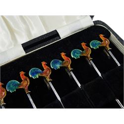 Set of six silver and enamel cockerel cocktail sticks by Adolph Scott, Birmingham 1953, cased
 